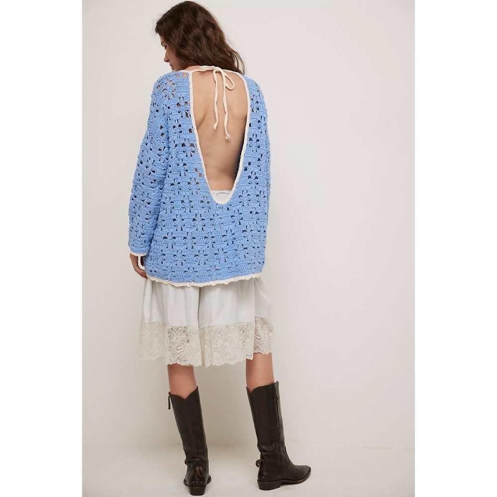 New Free People Crochet Knit Tunic Sweater Blue Floral XS - Picture 7 of 10